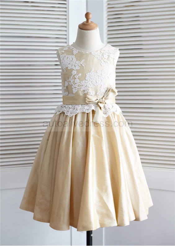 Ivory Lace Champagne Taffeta Knee Length Flower Girl Dress Ivory Lace Champagne Taffeta Knee Length Flower Girl Dress